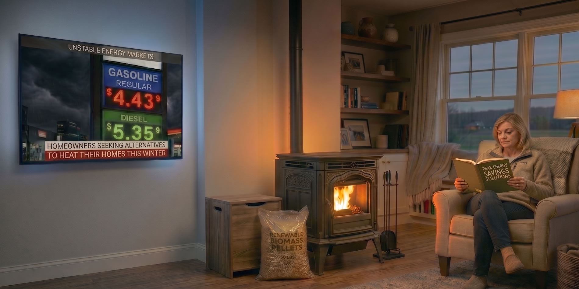 A homeowner enjoys low-cost pellet stove heat
